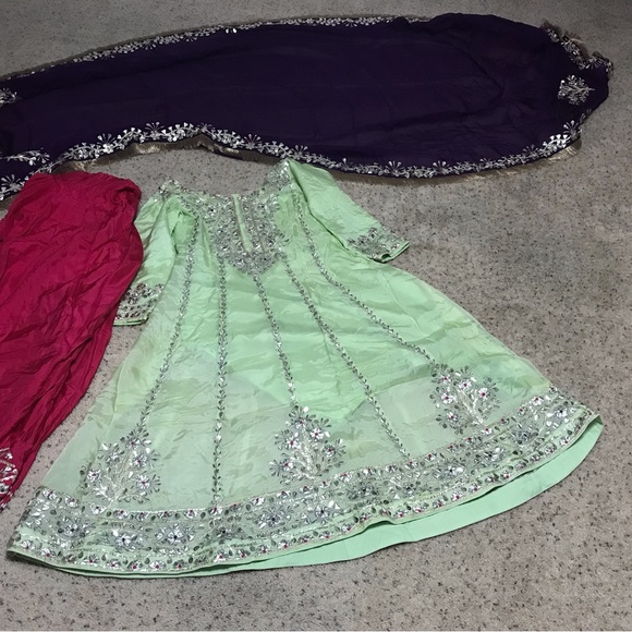 Pista color kameez pink salwar purple four sides full duppata - Picture 6 of 9